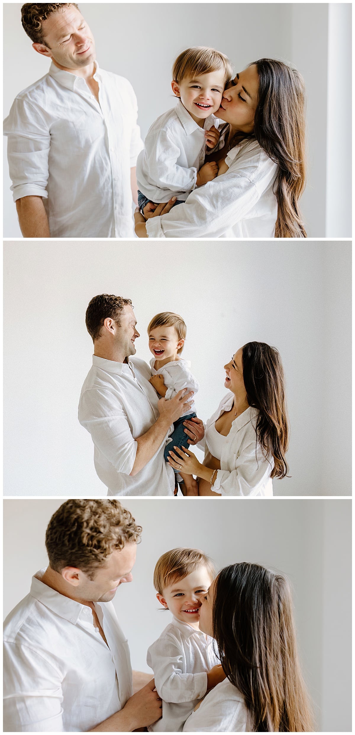 Husband and wife hug on baby for Studio Maternity Photos
