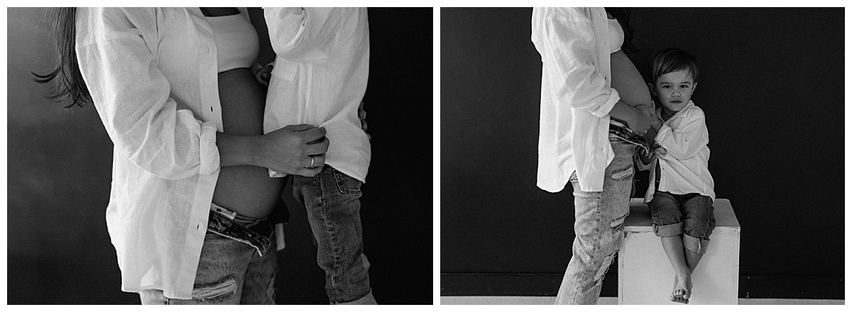 Baby smiles and hugs moms pregnant belly for Austin Motherhood Photographer