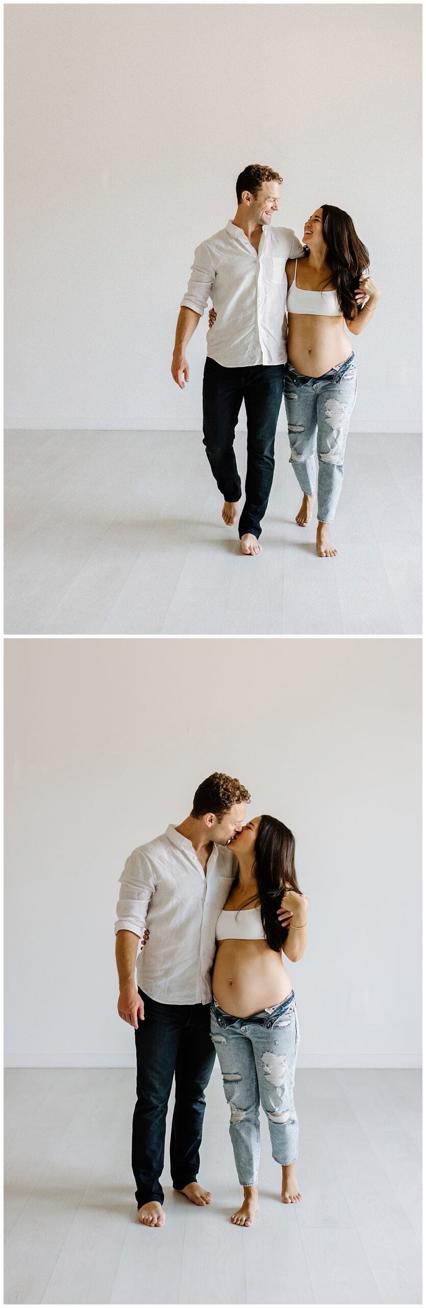 Husband and wife smile and laugh together for Austin Motherhood Photographer