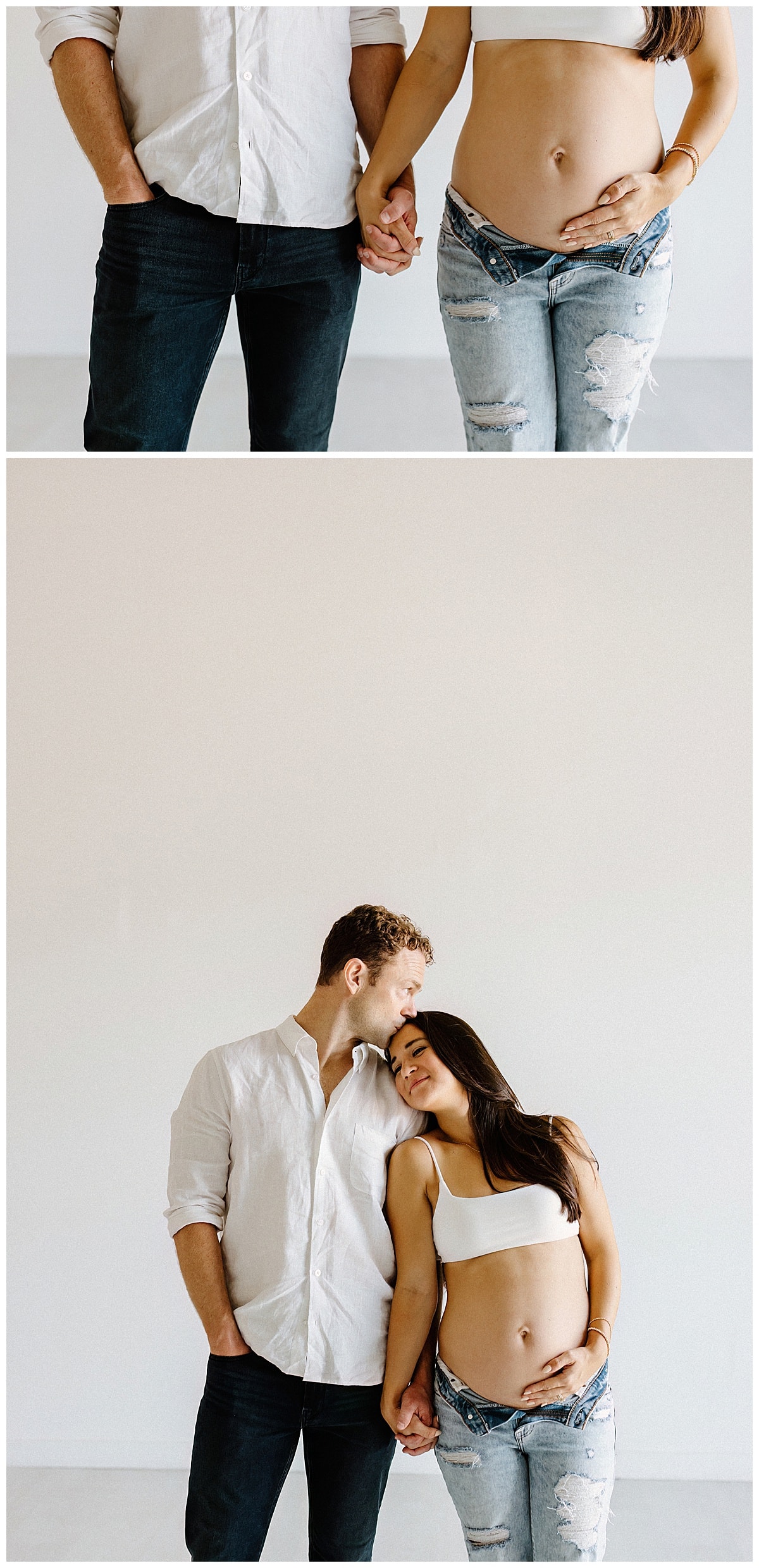 Mom and dad hug and kiss for Studio Maternity Photos