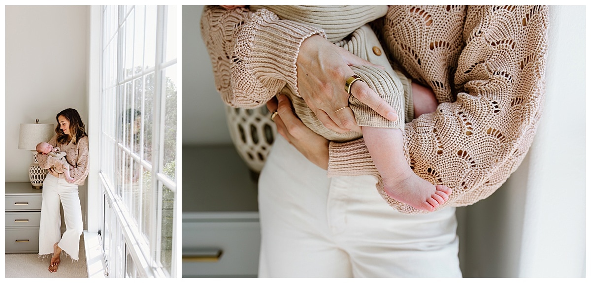 Mother smiles and holds baby close for successful Newborn Session With Siblings