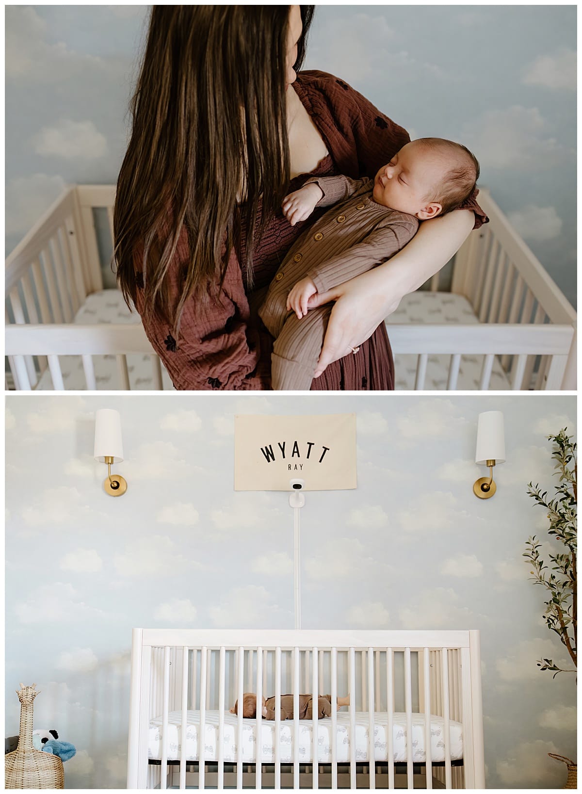 After Preparing For Your Newborn Storytelling Session mom holds baby in nursery 