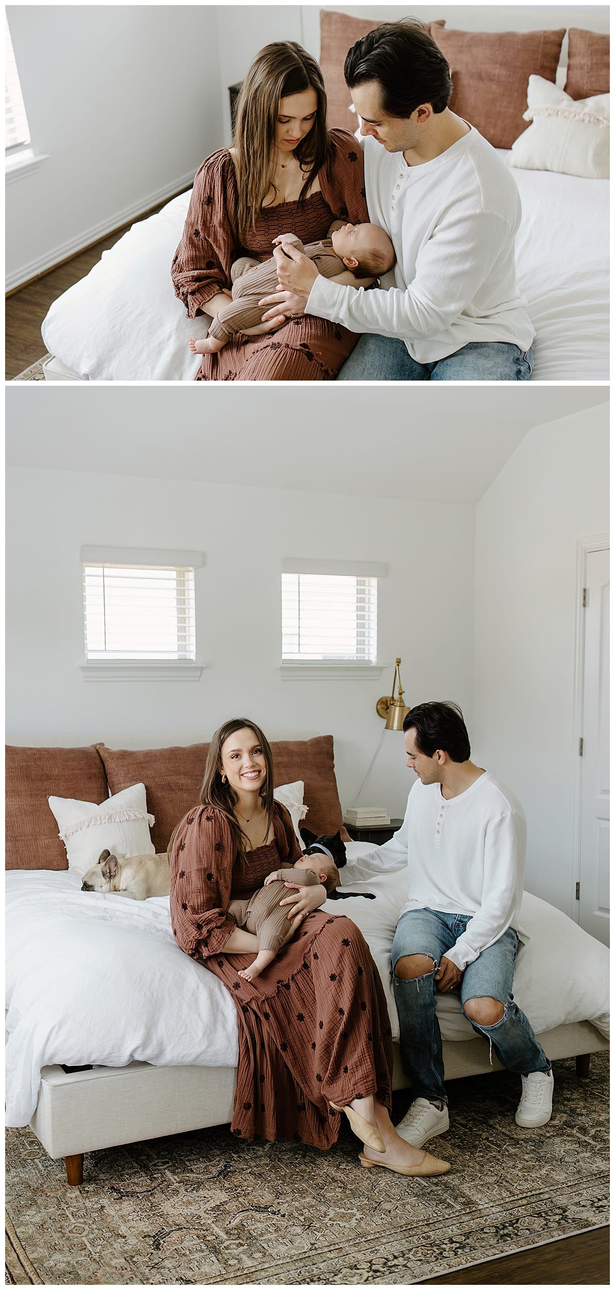 Mother and father sit on the bed holding baby close for Our Adventuring Souls Photography
