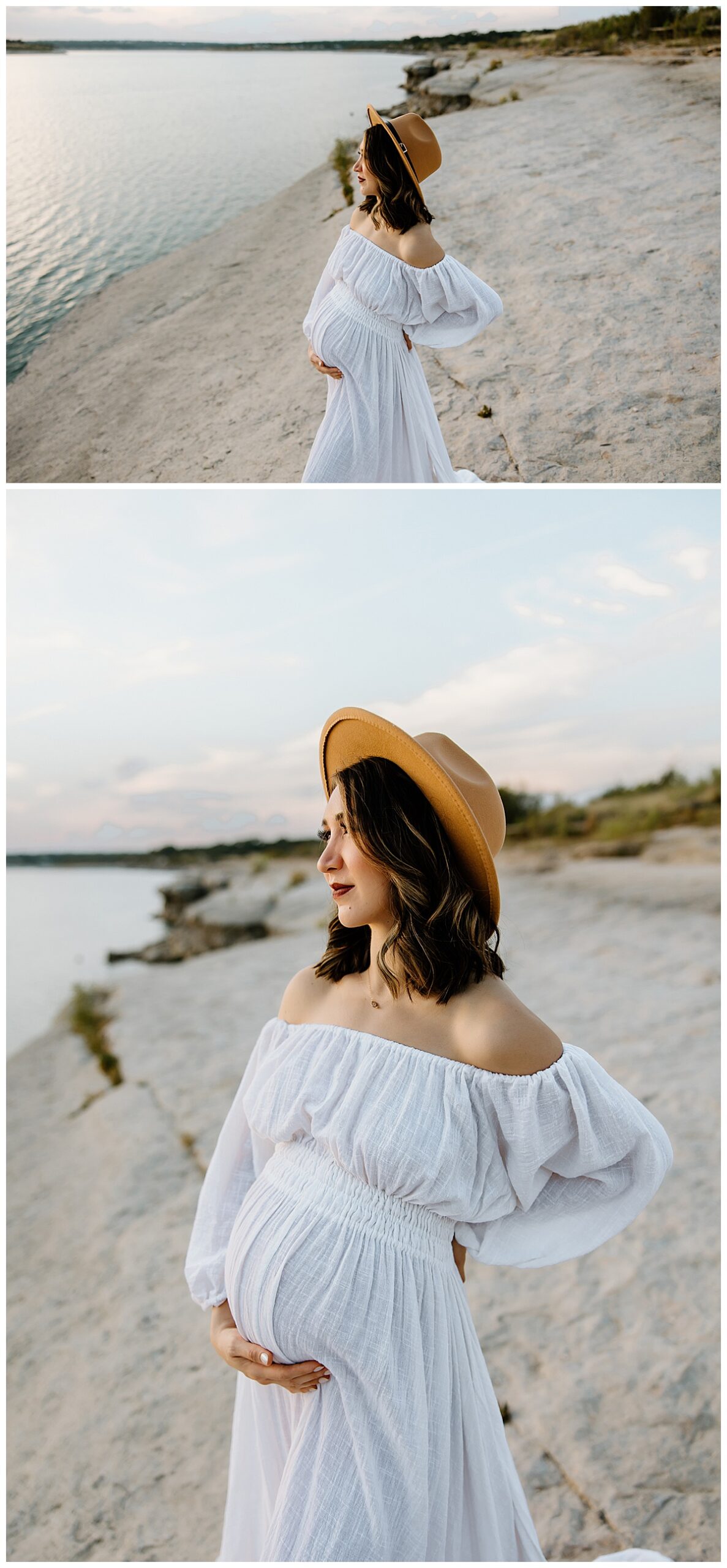 Woman grabs onto belly during her outdoor maternity session