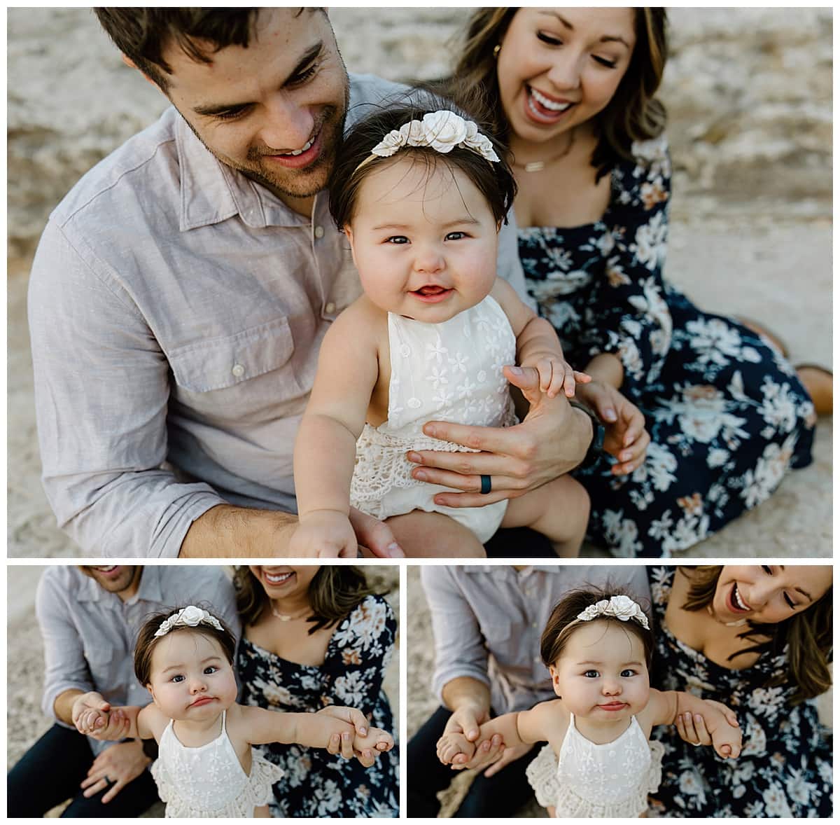 Baby girl smiles big during First Birthday Family Photos 