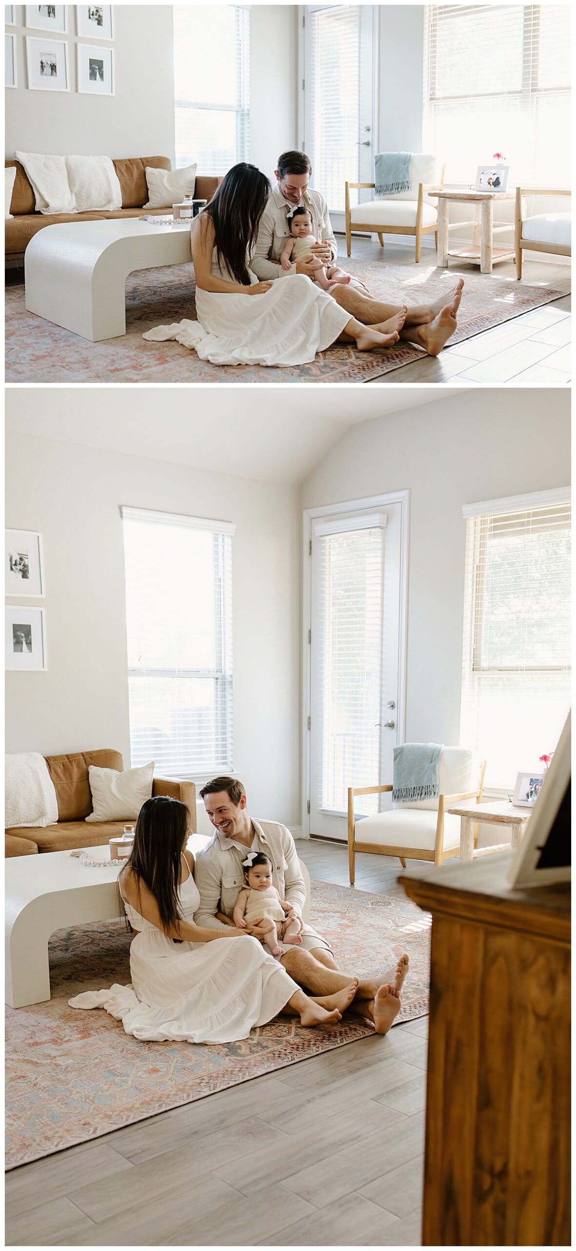 Parent sit with their baby on the bed for Austin Motherhood Photographer