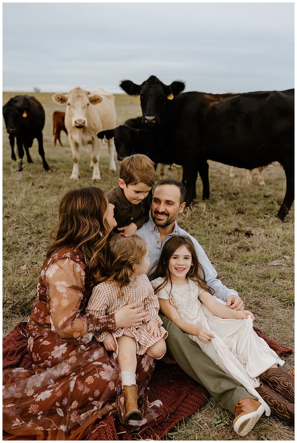 Family sits together near cows for Our Adventuring Souls Photography