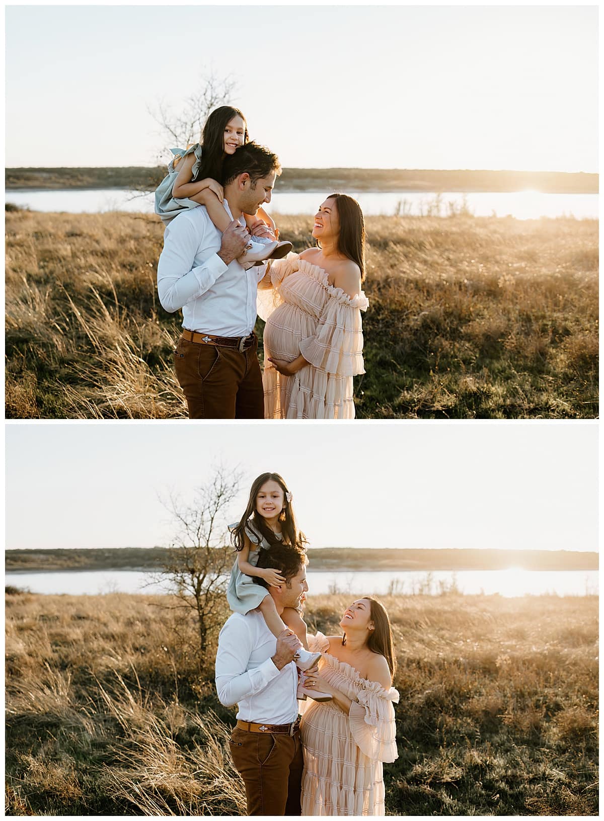 Family walks together in grassy field for outdoor lifestyle photoshoot